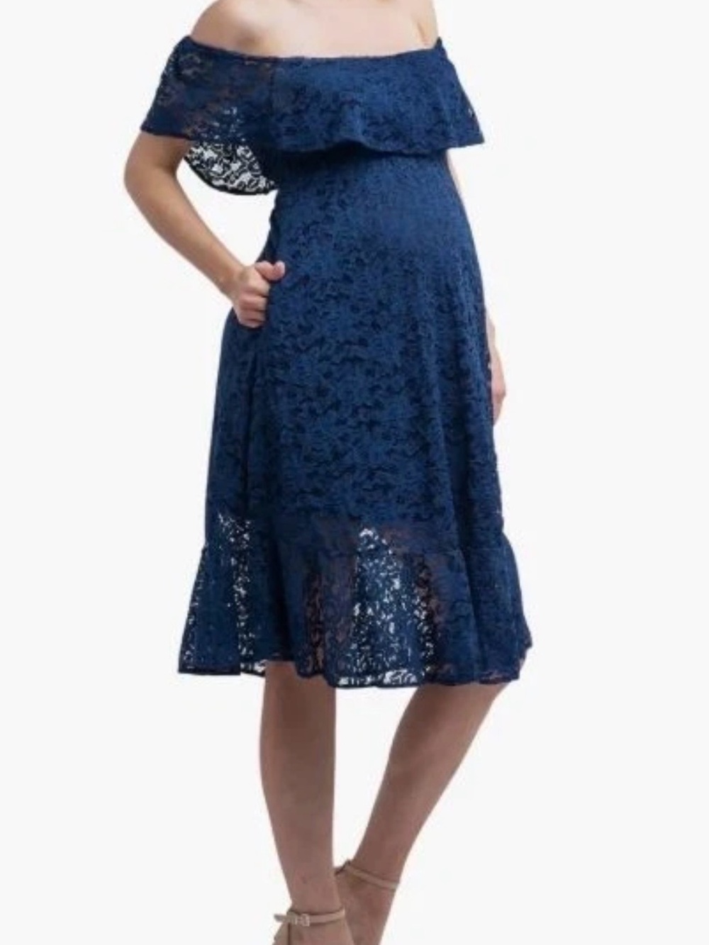 Nom Maternity Lucia Off-Shoulder Navy Lace Midi Dress with Ruffle Hem sz M